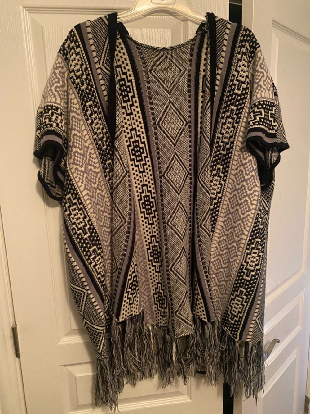 Womens Geometric Knit Poncho Sweater in Black and Cream